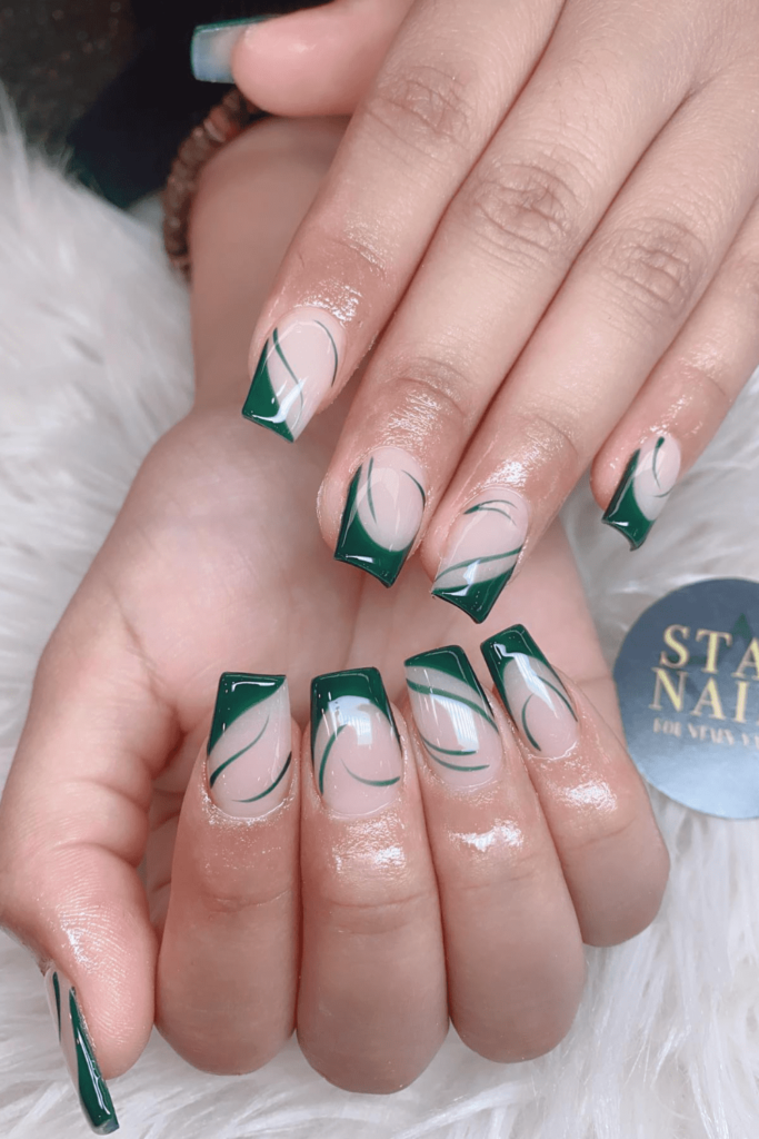Dark Green Swirls simple fall nails