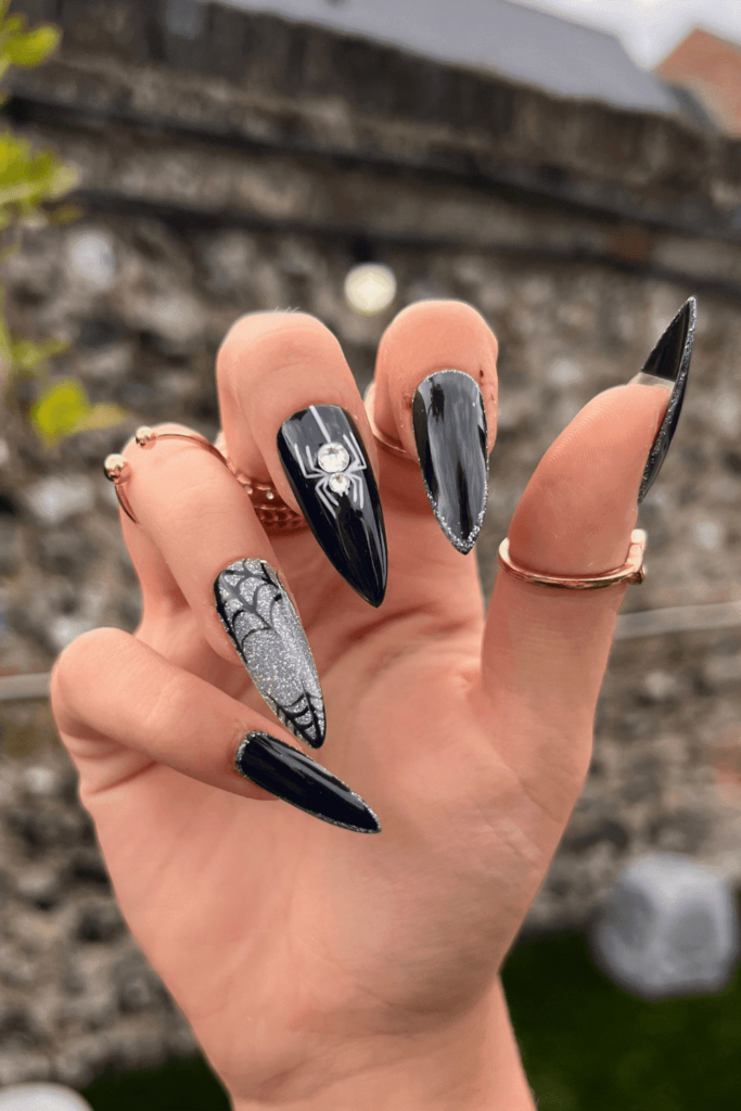 Silver and Black Spider Web Halloween Themed Nail