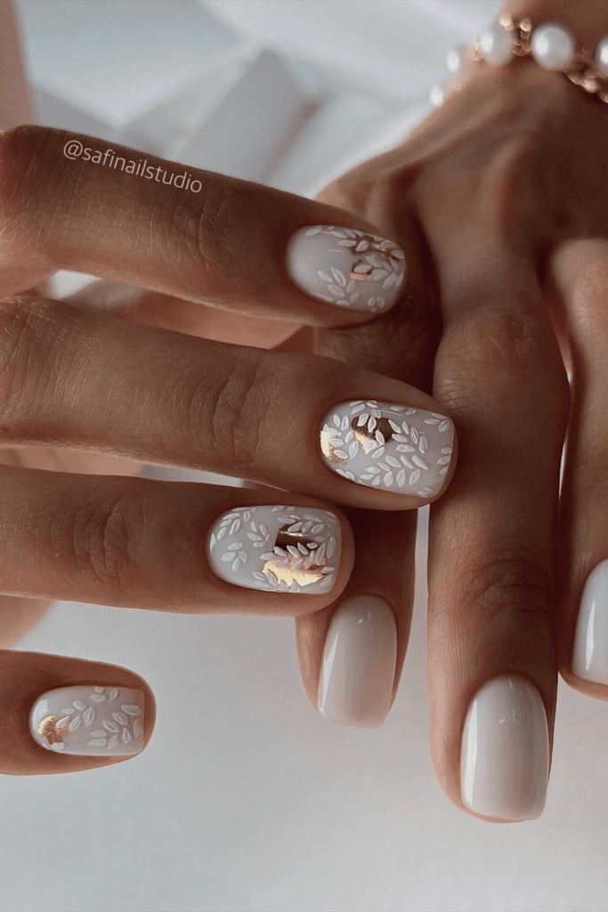 White Christmas Nails with leaves detailing