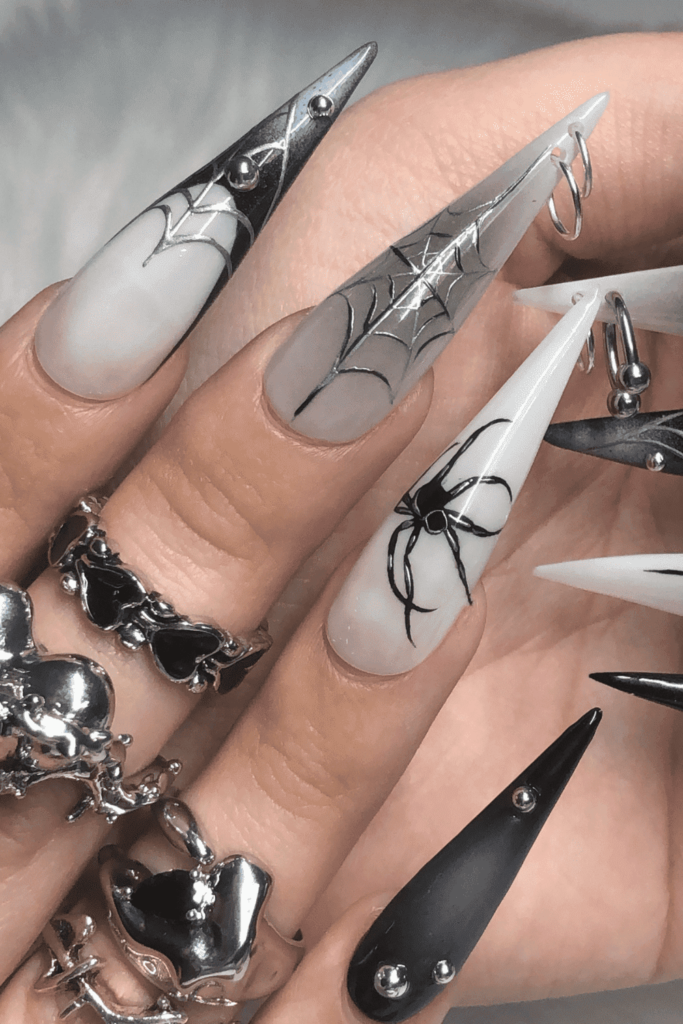 Goth Airbrush Spider French Tip Nails with Spiderwebs