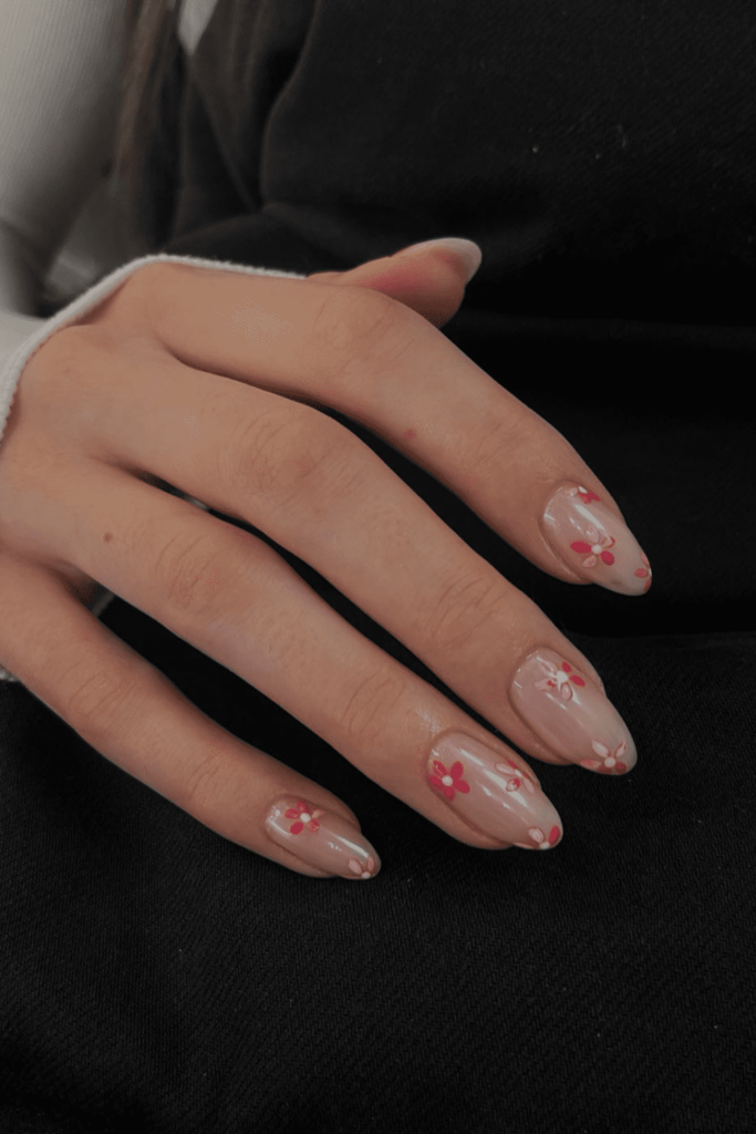 Pink Floral fall nails short