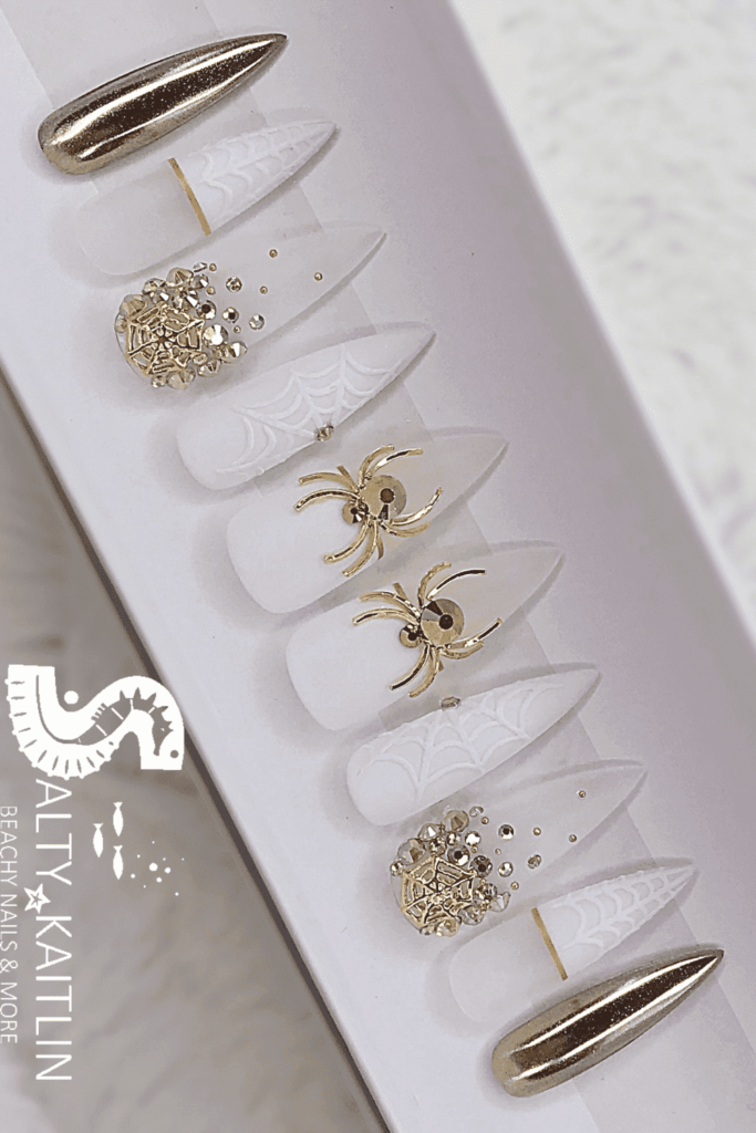 Champagne Crystal Spider Nails Design