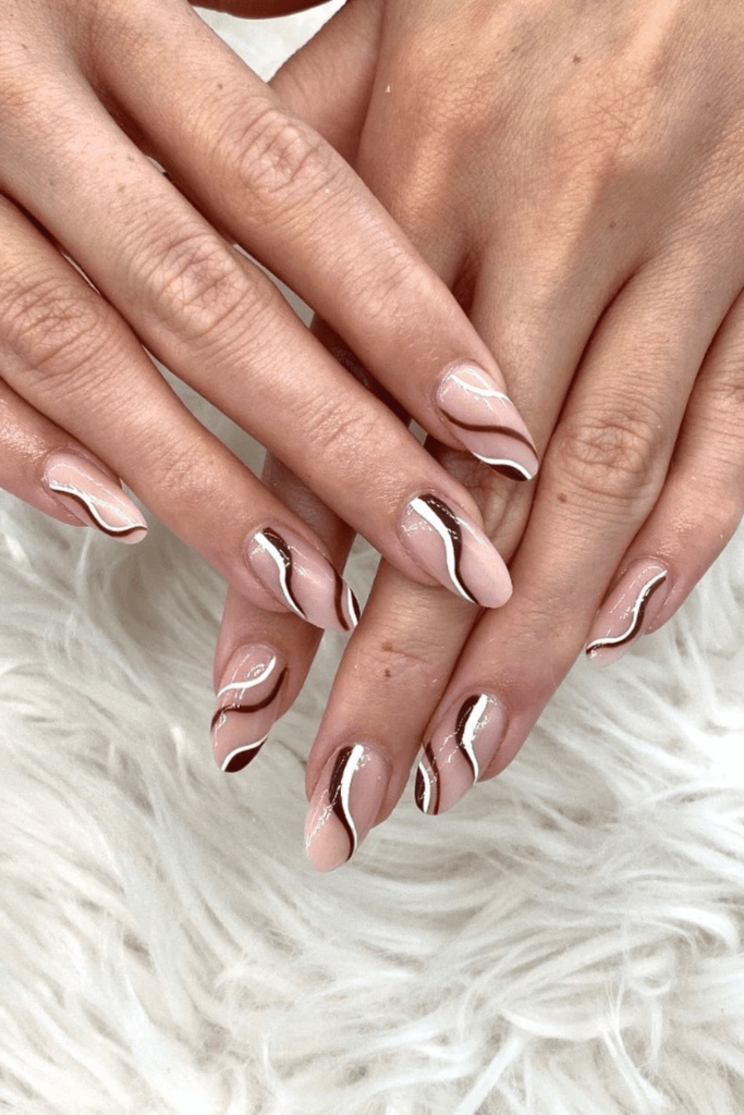Choco-White Swirls fall nail design for short nail