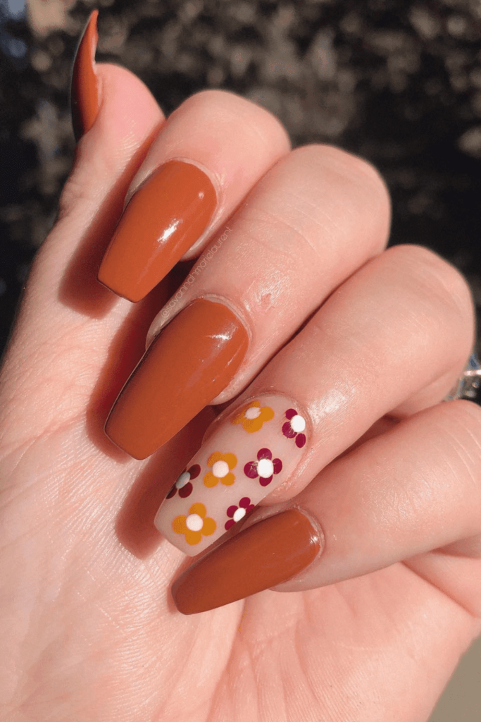 Burnt Orange Floral Nails Design