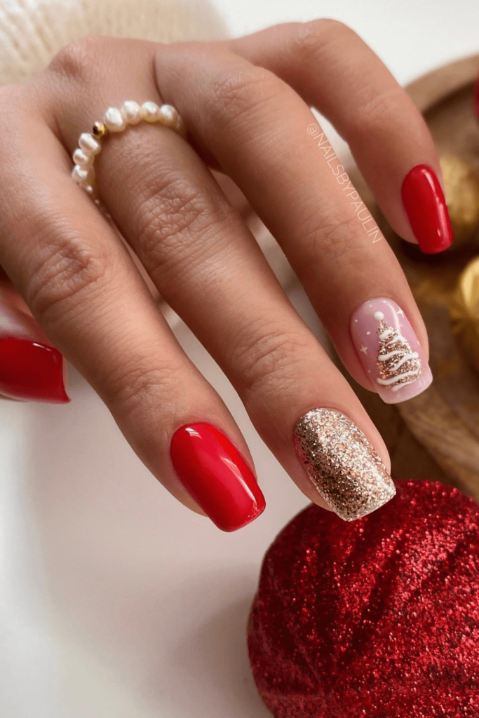 Gold Christmas Tree on Classic Red Nails