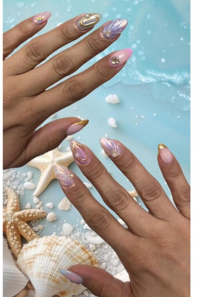 Seashell Pearls Beach themed nails