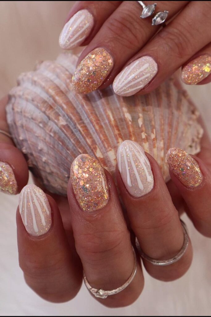 Pearl and Glitter Beach nail designs